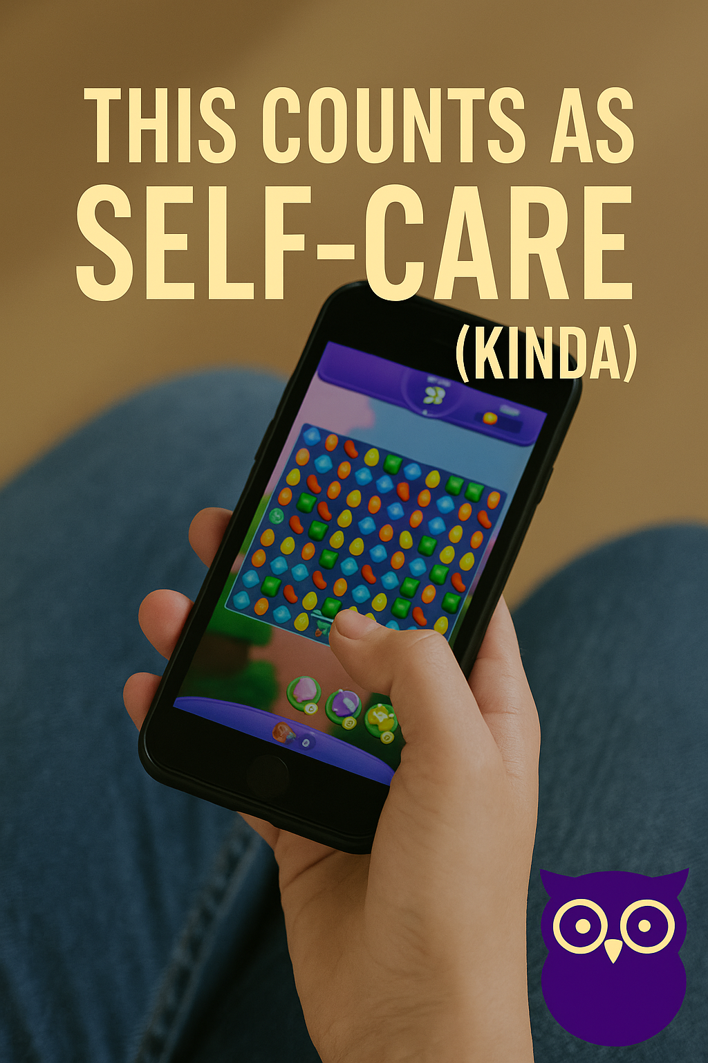 Hand holding smartphone playing colorful puzzle game with text overlay “This counts as self-care (kinda)” — quirky mental health blog image.